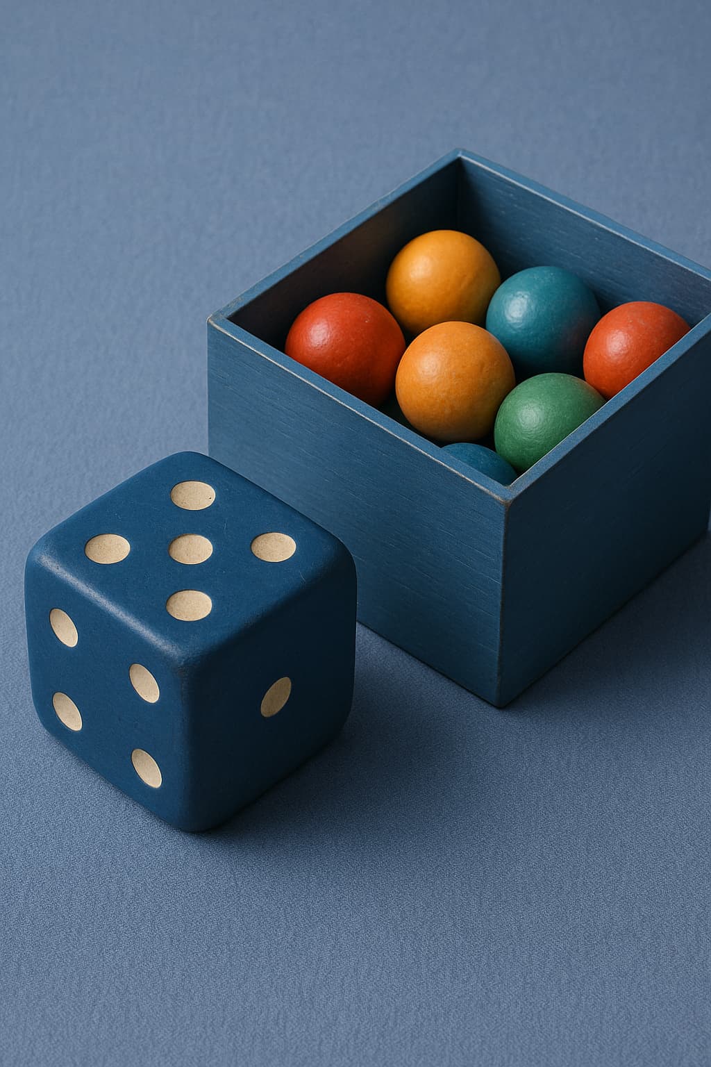 Um dado e uma caixa com bolas coloridas